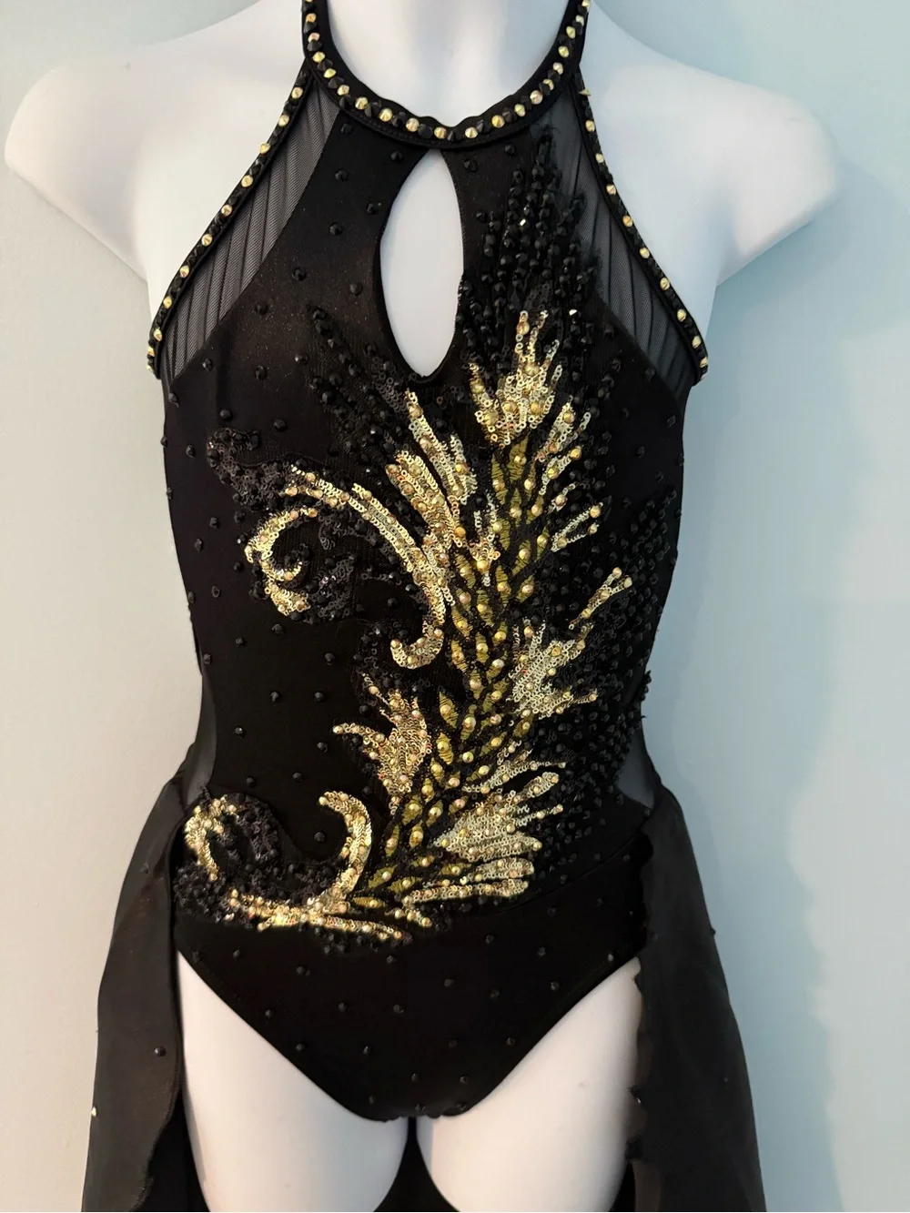 Black & Gold Rhinestone Dance Dress: Child Medium, Feather Appliqué